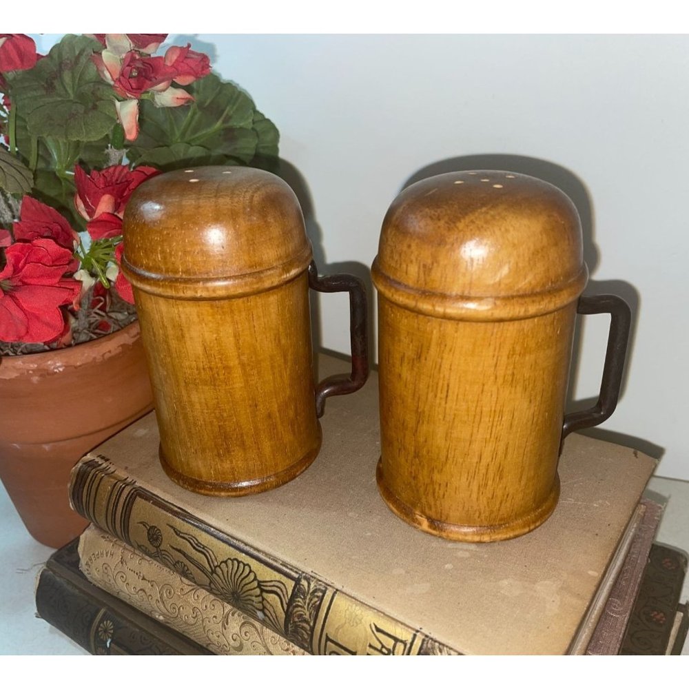 Vintage Mid Century Modern Chunky Wood Salt & Pepper Shakers with Iron Handles